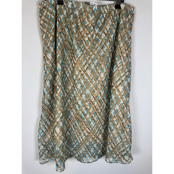 Y2K 00s Mesh Flowy Midi Skirt Brown Tan Turquoise Teal Geometric Print Size 14 W - Picture 2 of 7
